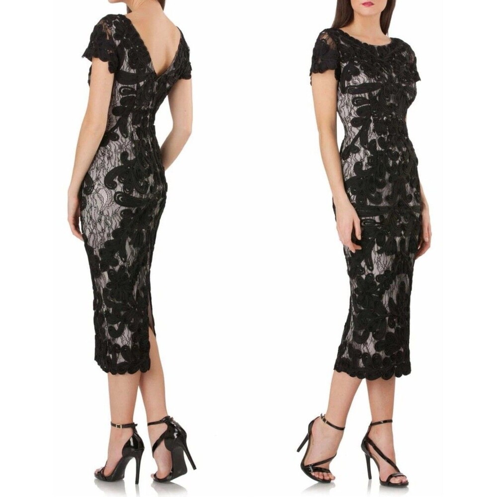 JS COLLECTIONS Soutache Lace Midi Black Cocktail Dress Plunging Back Women’s 12